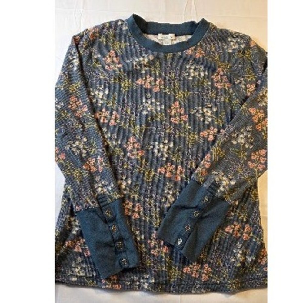 Sundance Blue Floral Waffle Knit Thermal Top Button Cuff XL